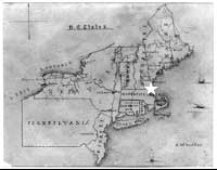 Map of NE United States drawn by James McNeill Whistler. Lowell, MA indicated with a star.